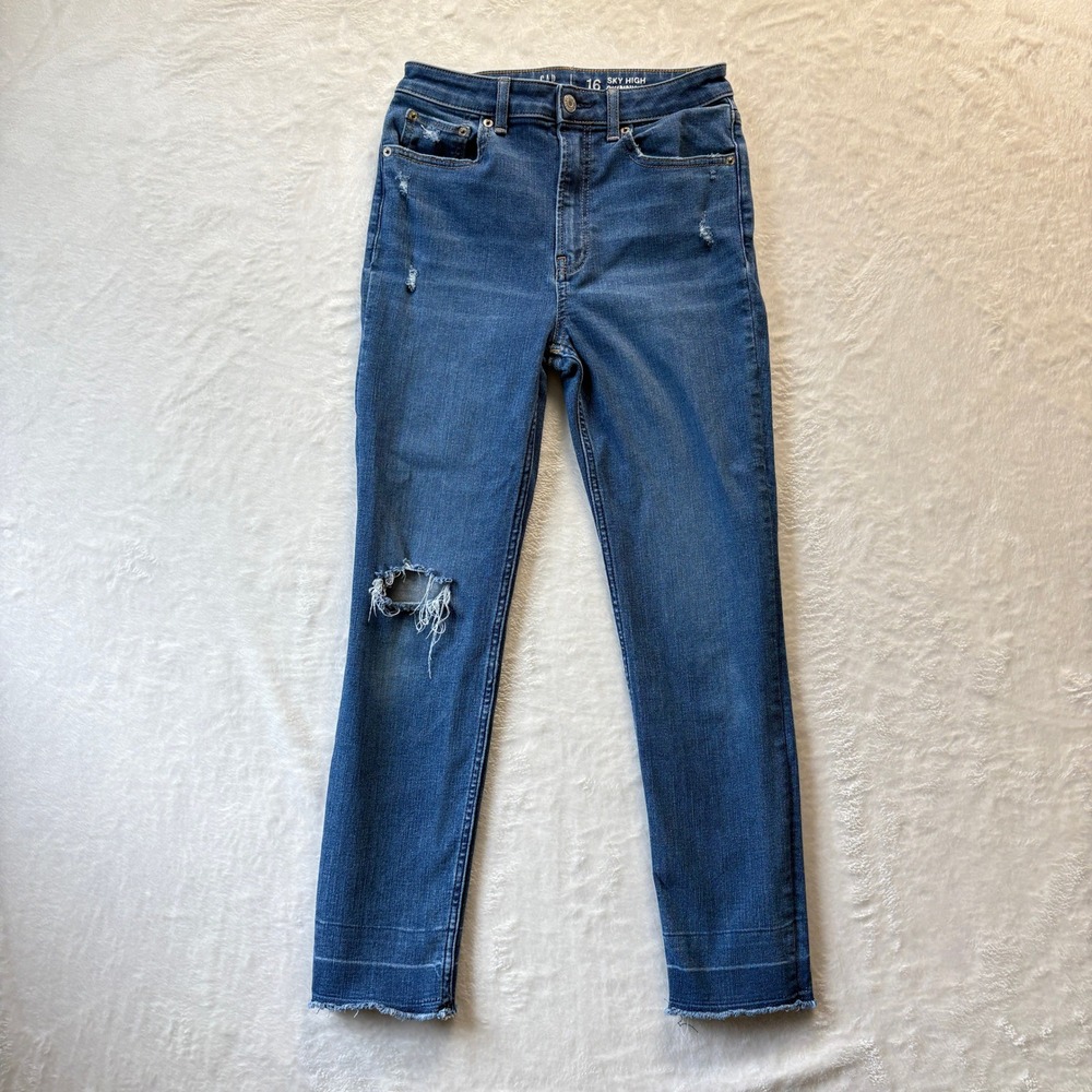 Gap Teen Jeans Girls Sz 16 Blue Sky High Skinny Ankle Distressed Raw Hem Denim